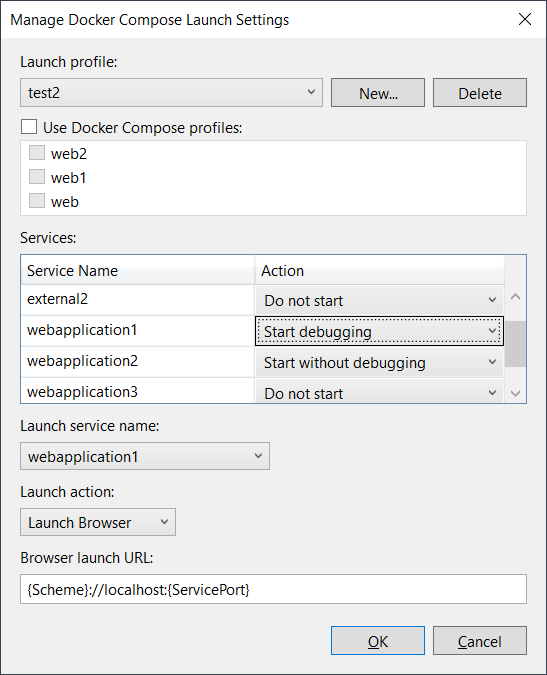 Captura de pantalla del cuadro de diálogo de configuración de inicio con algunos servicios seleccionados