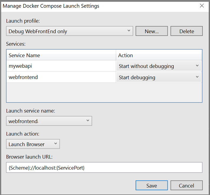 Captura de pantalla del cuadro de diálogo Administrar configuración de inicio de Docker Compose.