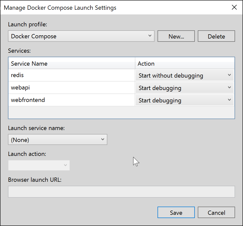 Captura de pantalla del cuadro de diálogo Administrar configuración de inicio de Docker Compose.