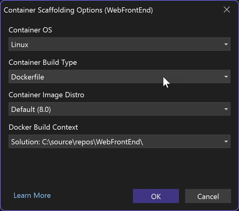 Captura de pantalla mostrando el cuadro de diálogo de opciones de andamiaje de contenedor para el proyecto WebFrontEnd.