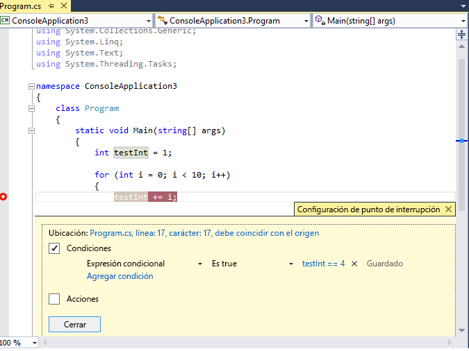 La condición del punto de interrupción es True
