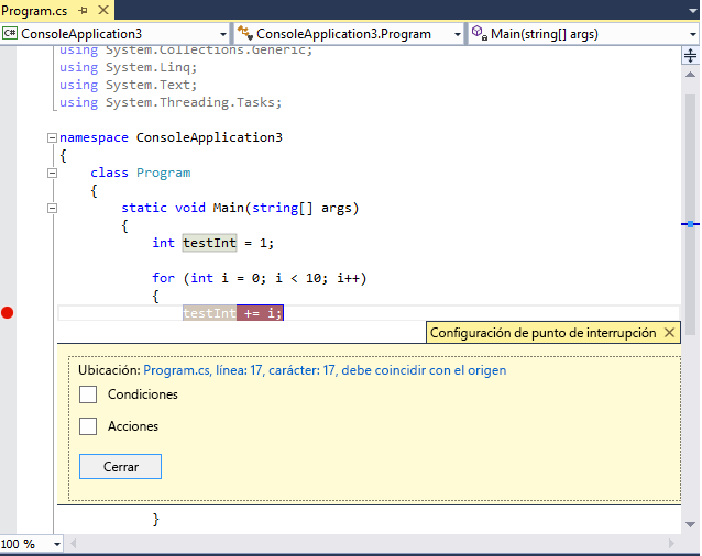 Configuración de punto de interrupción