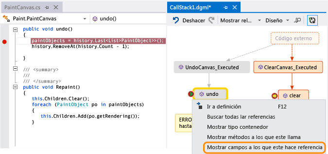 Show fields in a method on call stack code map