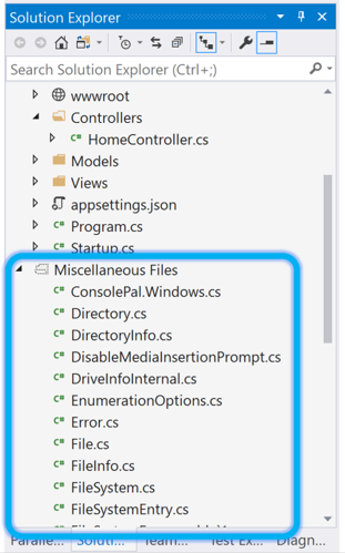 Captura de pantalla del explorador de soluciones con varios archivos.