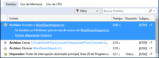 Screenshot of the Events tab in the Visual Studio Diagnostic Tools window. An event is selected and expanded to show it's details.