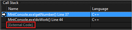 Captura de pantalla de Código externo en la ventana Pila de llamadas.