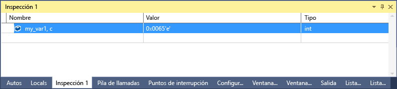 Screenshot of the Visual Studio Watch window with one selected line that shows my_var1.c with a value of 101 'e' and a type of int.