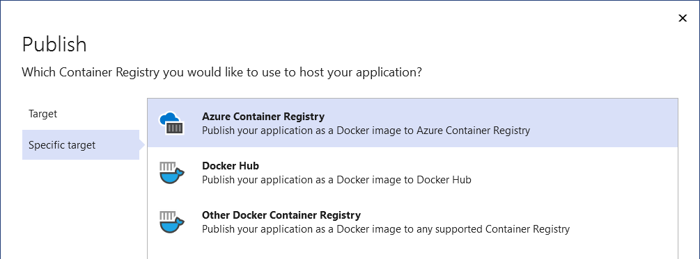 Captura de pantalla que muestra las opciones para publicar en Docker Container Registry.