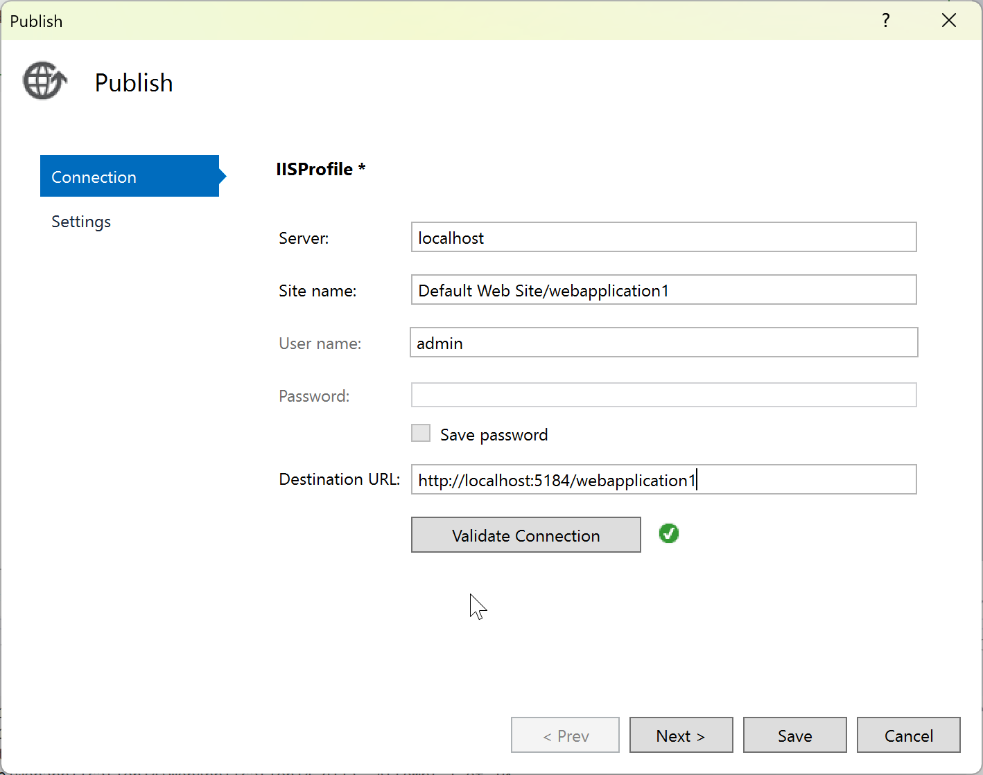 Captura de pantalla que muestra la pantalla del Asistente para publicación para publicar en IIS con la opción Web Deploy.