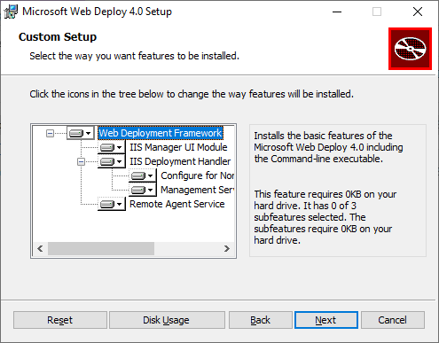 en la que se muestran los componentes de Web Deploy 4.0