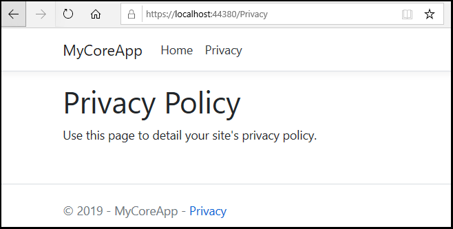 Captura de pantalla que muestra la página Privacidad de MyCoreApp con el texto siguiente: Use esta página para detallar la directiva de privacidad del sitio.