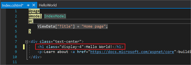 Captura de pantalla que muestra el archivo Index dot c s h t m l en el editor de código de Visual Studio con el texto de bienvenida cambiado a Hello World!.