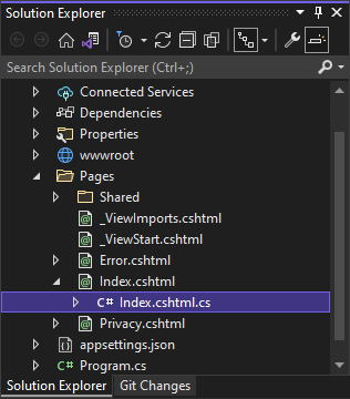 Captura de pantalla que muestra el archivo Index.cshtml seleccionado en el Explorador de soluciones en Visual Studio.