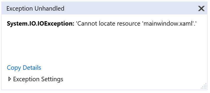 Captura de pantalla de la ventana Salida que muestra una excepción System.IO.IOException con el mensaje No se encuentra el recurso mainwindow.xaml.