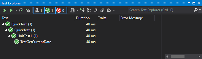 Captura de pantalla del Explorador de pruebas en Visual Studio en la que se muestra que se ha superado la prueba TestGetCurrentDate.