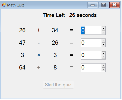 Captura de pantalla que muestra la aplicación de prueba con cuatro problemas matemáticos aleatorios. Se selecciona la respuesta predeterminada al primer problema.