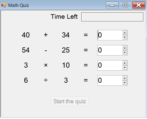 Captura de pantalla que muestra valores aleatorios en los cuatro problemas matemáticos. El botón Iniciar el cuestionario aparece atenuado.