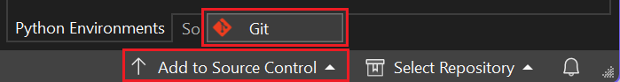 Captura de pantalla que muestra cómo acceder a la acción de control de código fuente de Git desde Agregar al control de código fuente en Visual Studio.