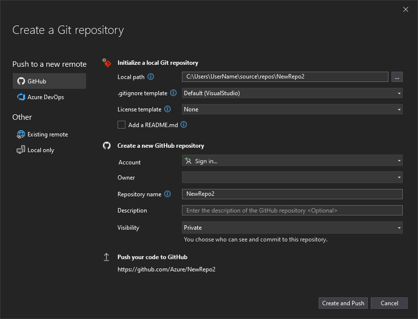 Captura de pantalla del cuadro de diálogo Crear repositorio de Git en Visual Studio con la selección de GitHub resaltada.