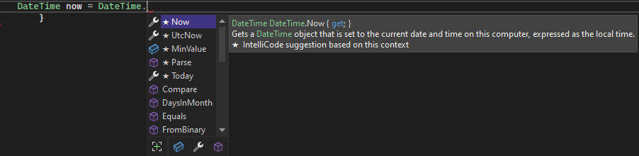 Captura de pantalla que muestra una lista de miembros de IntelliSense.