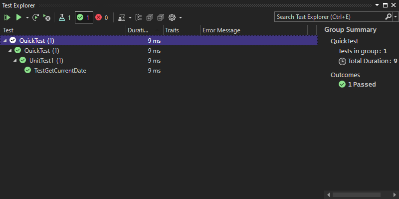 Screenshot that shows Test Explorer with a passed test.
