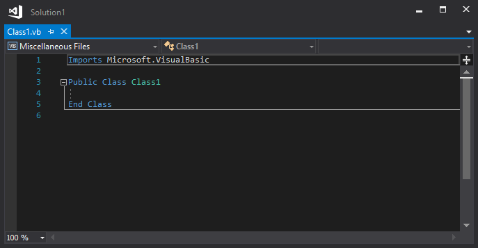 Captura de pantalla de un nuevo archivo de clase de Visual Basic en el editor de código de Visual Studio.