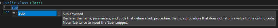 Captura de pantalla de IntelliSense para un fragmento de código Sub en Visual Studio.