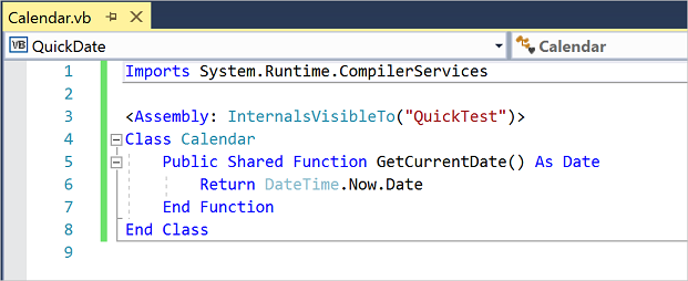 Captura de pantalla que muestra el código de Calendar.vb en la ventana del editor de código de Visual Basic, después de agregar la instrucción Imports y las líneas de atributo Assembly.