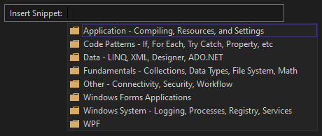 Captura de pantalla que muestra la ventana Insertar fragmento de código con una lista de carpetas de categorías que contienen fragmentos de código de Visual Basic.