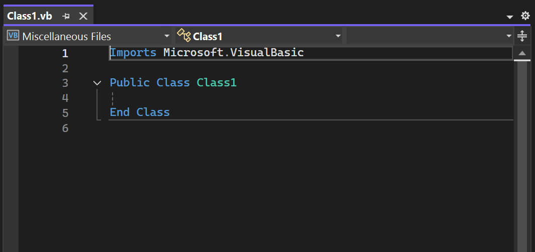 Captura de pantalla de un nuevo archivo de clase de Visual Basic en el editor de código de Visual Studio.