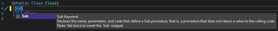 Captura de pantalla de IntelliSense para un fragmento de código Sub en Visual Studio.