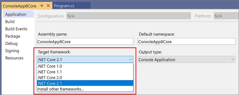 Versiones de marco de destino de un proyecto de .NET Core