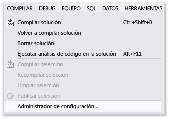 Screenshot of the Build menu, Configuration Manager command.