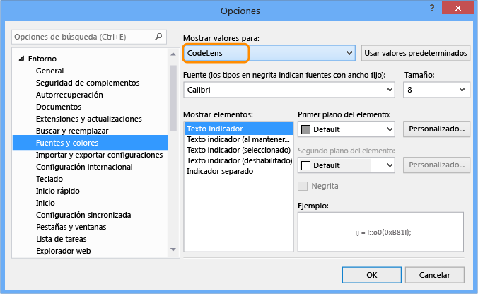 CodeLens - Cambiar la configuración de fuente y color