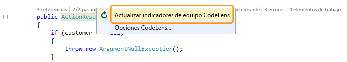Elemento de menú Actualizar indicadores de equipo CodeLens