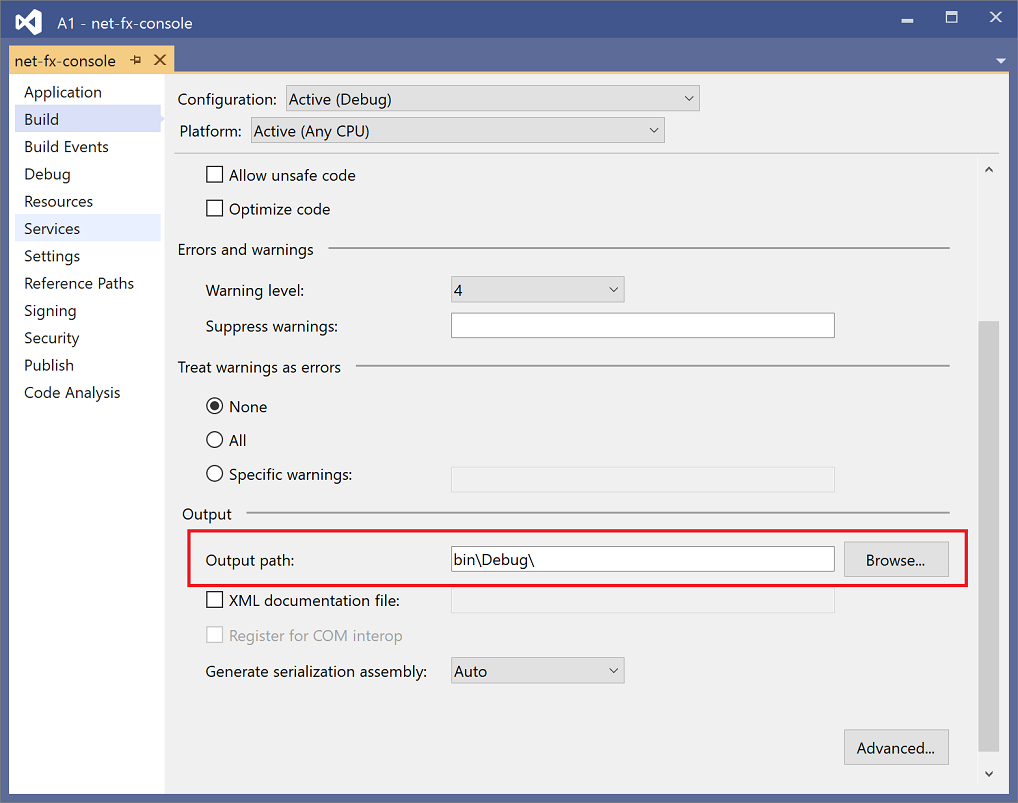 Propiedad de ruta de acceso de salida de un proyecto de C# de Visual Studio