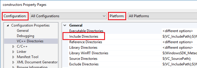 Directorios de archivos de inclusión de VC++