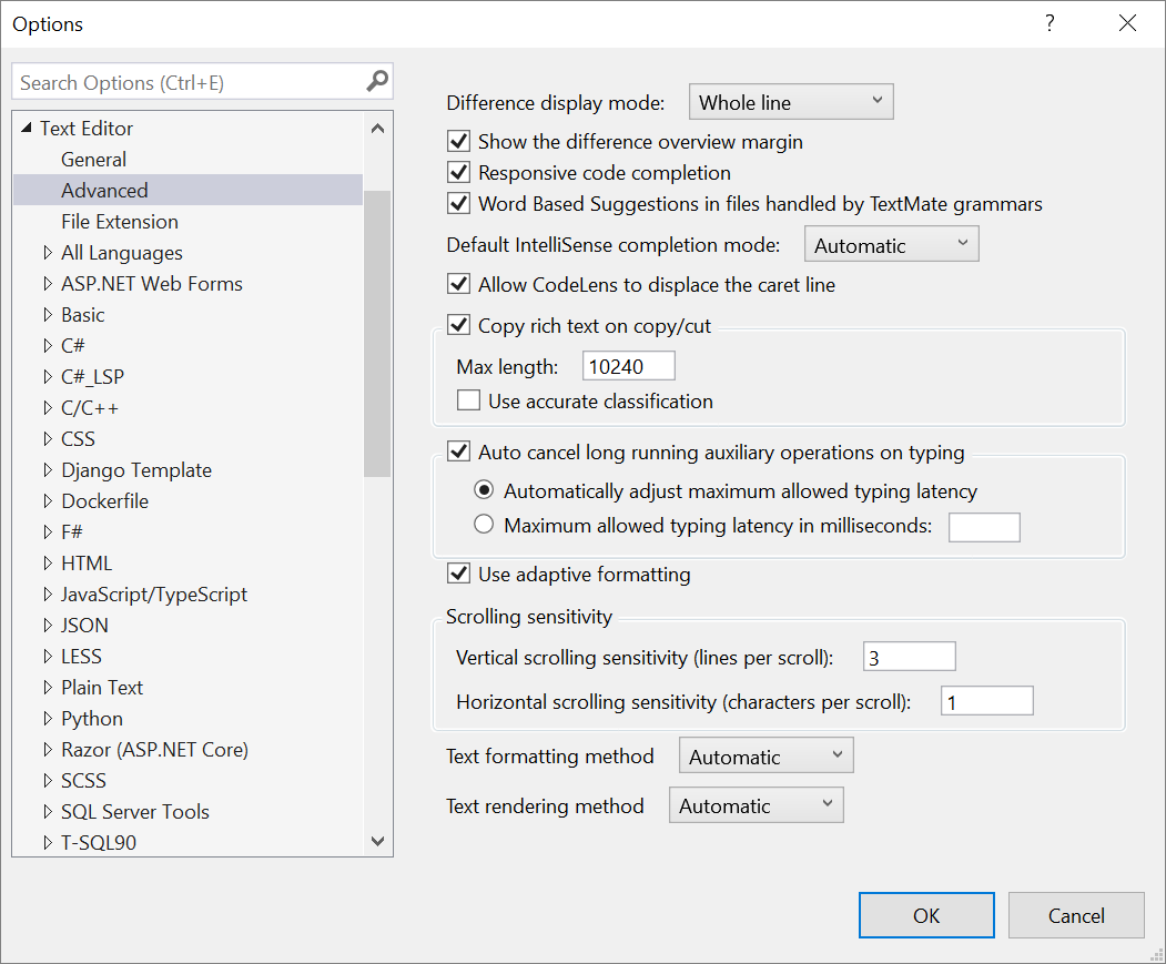 Captura de pantalla de la configuración avanzada del editor de texto en el cuadro de diálogo Opciones.