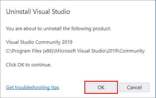 Captura de pantalla que muestra un cuadro de diálogo para confirmar que desea desinstalar Visual Studio 2019.