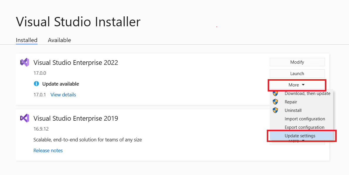 Captura de pantalla en la que se muestra la configuración de las actualizaciones en el Instalador.