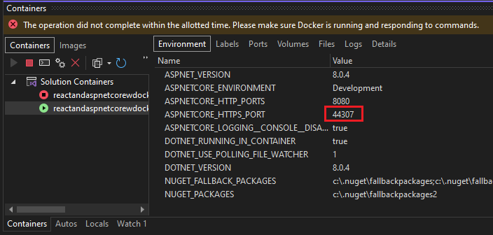 Captura de pantalla que muestra los puertos de contenedor de Docker.