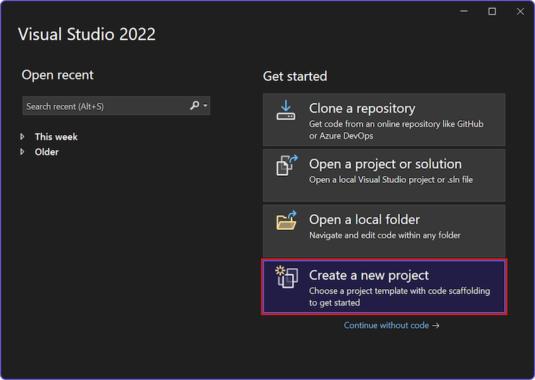 Captura de pantalla que muestra cómo seleccionar la opción Crear un nuevo proyecto en la ventana Inicio de Visual Studio.