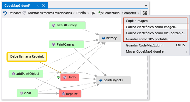 Code map - Share, export, mail