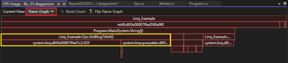 Captura de pantalla de la vista Grafo de llamas en la herramienta Uso de CPU.