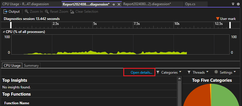 Captura de pantalla de la apertura de detalles en la herramienta Uso de CPU.