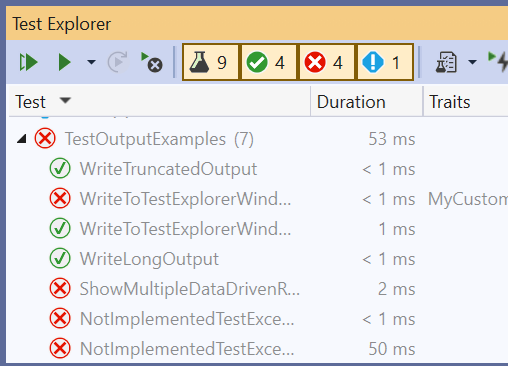 Los resultados de la prueba persistentes de la última sesión de Visual Studio aparecen atenuados