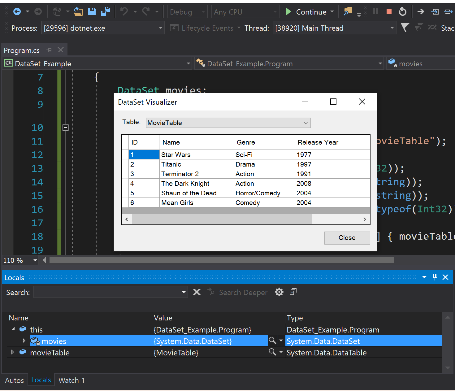 Visualizador de conjuntos de datos para .NET Core