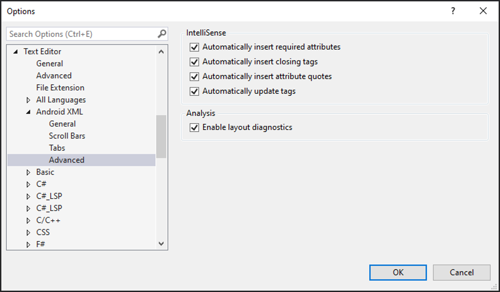 Opciones de IntelliSense de Android XML