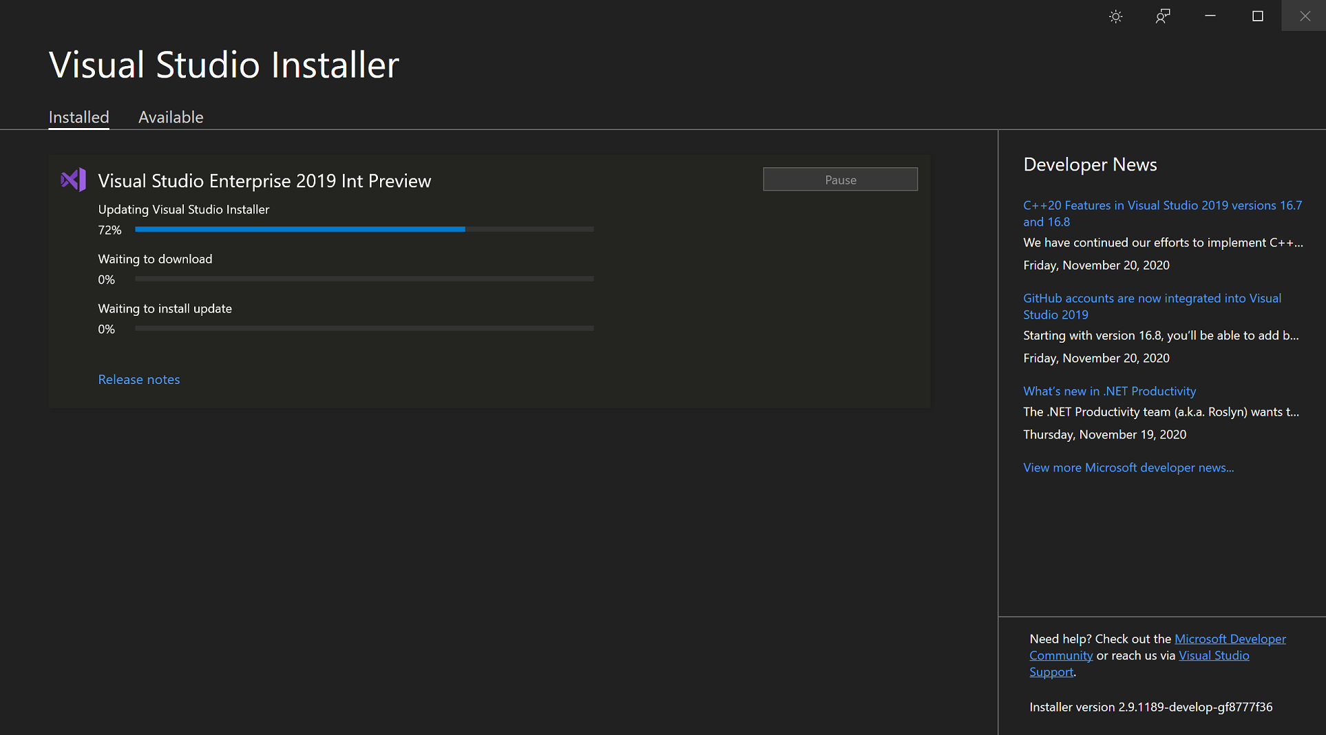 Instalador de VS con el tema oscuro y la actualización del instalador incorporada