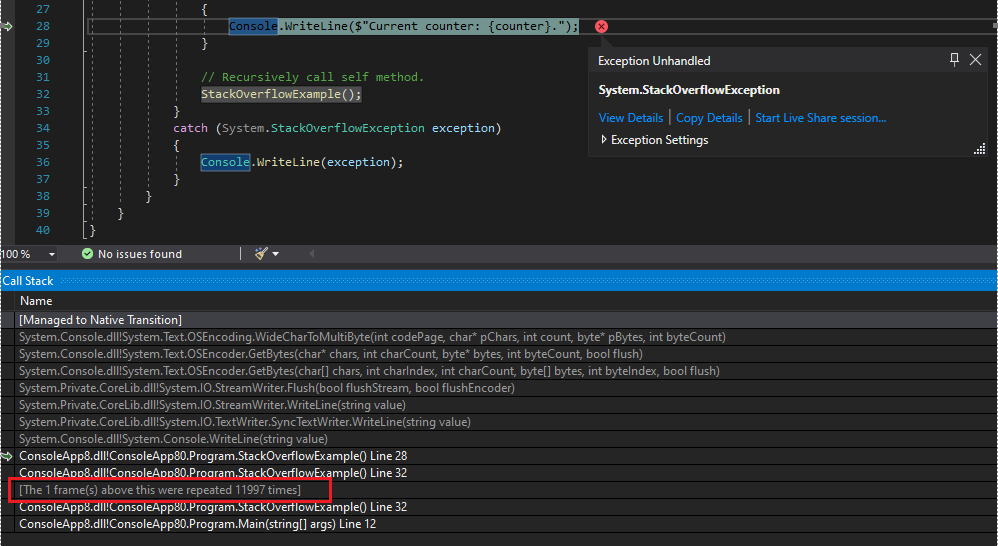 Filtra los fotogramas repetitivos redundantes de la pila de llamadas cuando el depurador se detiene en una excepción de StackOverflow.